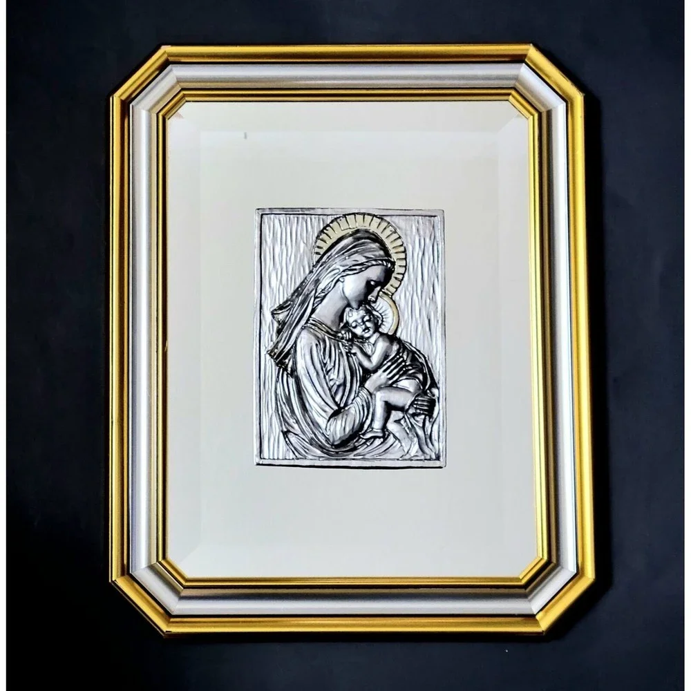 925K Sterling Blessed Mother & Child Mirror Wall Art Gold Tone Accents MCM Italy